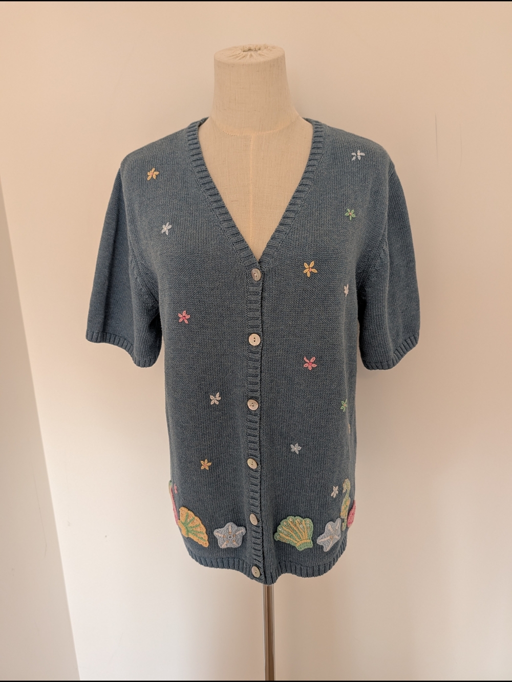 Vintage Blue Short-Sleeve Embroidered Shell Cardigan